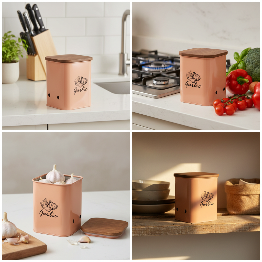 Garlic Storage Canister | Iron Body, Mango Wood Lid & Ventilation Holes | Peach & White By MA78