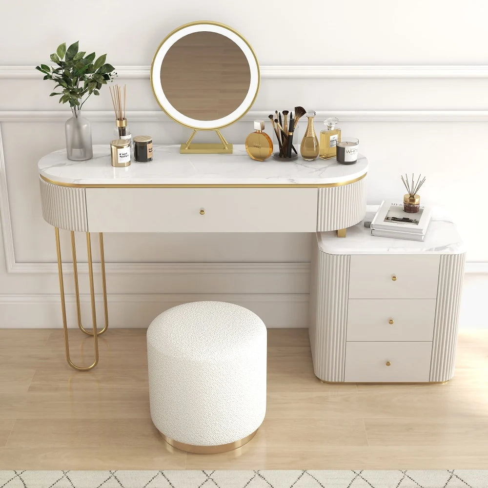 Modern Makeup Vanity Table With Side Cabinet 4 Drawers & Faux Marble Top In White