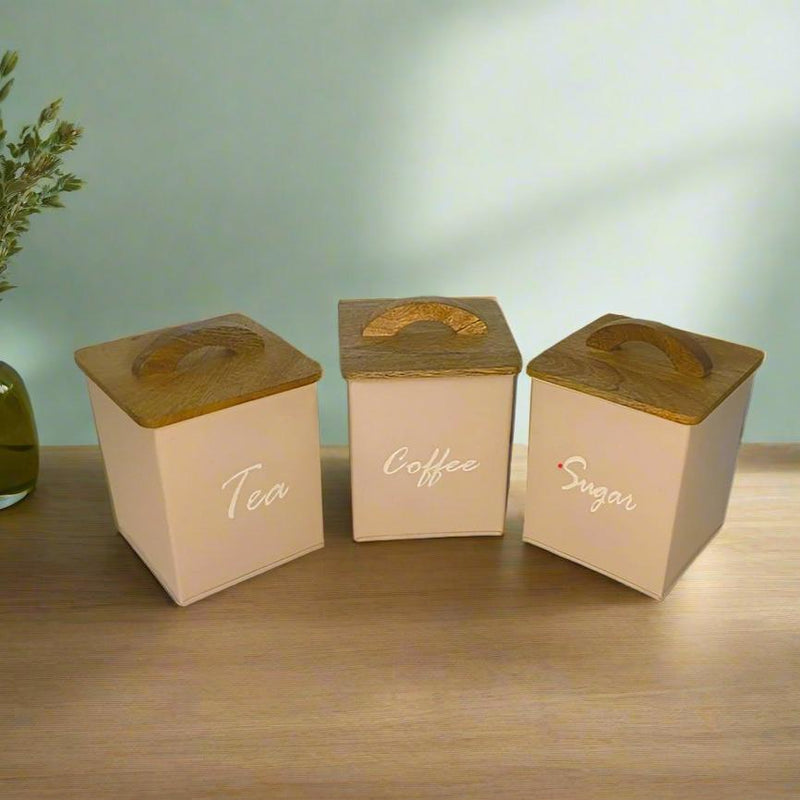Textured Sand Kitchen Storage Canisters With Air Tight 3 Food Storage Containers For Coffee, Tea & Sugar By MA72