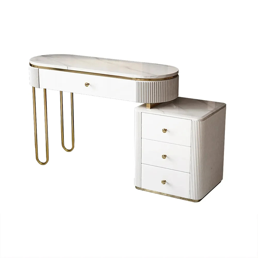 Modern Makeup Vanity Table With Side Cabinet 4 Drawers & Faux Marble Top In White