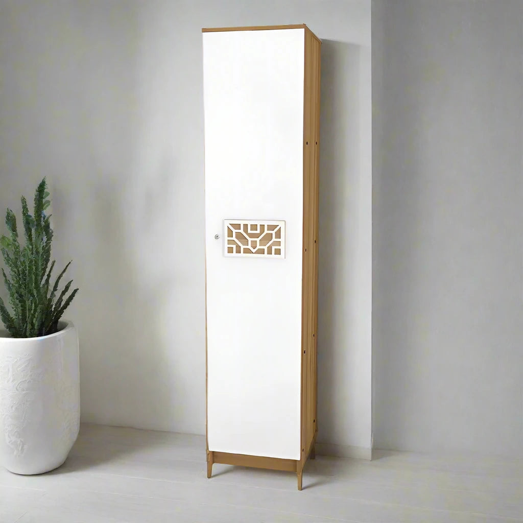 Single-Door Wardrobe With Three Shelves In White Finish For Organized And Stylish Storage
