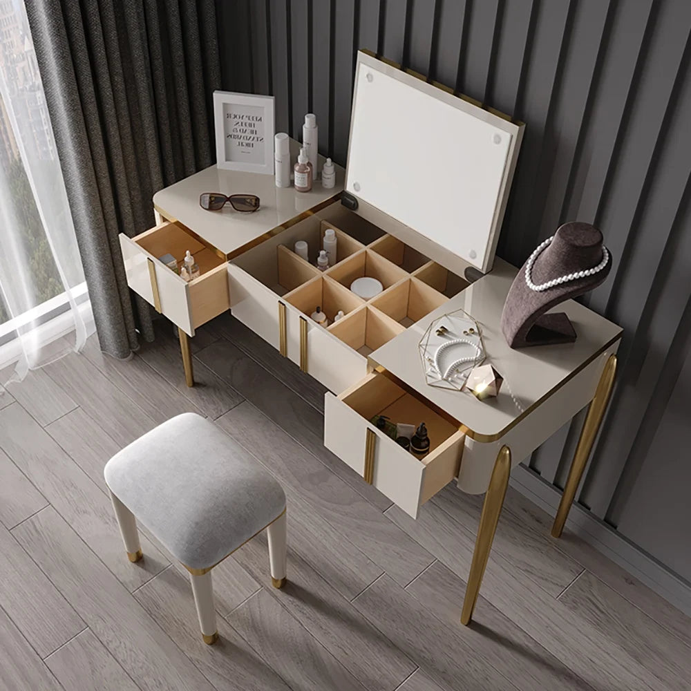 Versatile Glam: Flip Top Makeup Table With Storage & Stool