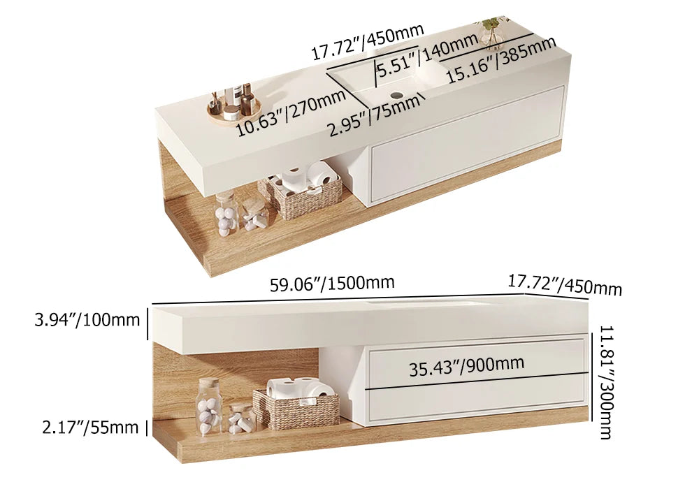 Modern Floating Bathroom Vanity Set With Single Sink Wall-Mounted In White & Natural