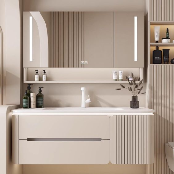 Modern Bathroom Vanity Unit With Wall-Mounted Cabinet Featuring Curved ...