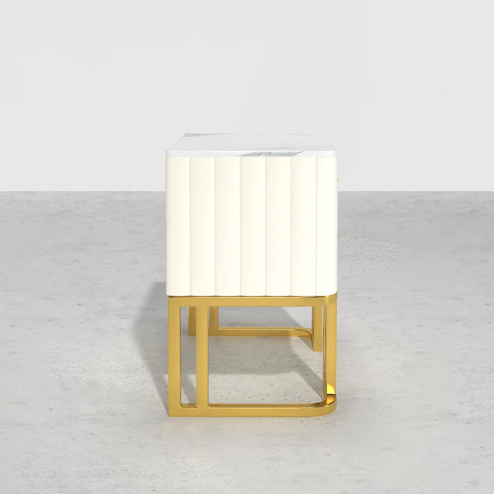 White Modern Small 2 Drawers Nightstand With Faux Marble Top And Gold Base