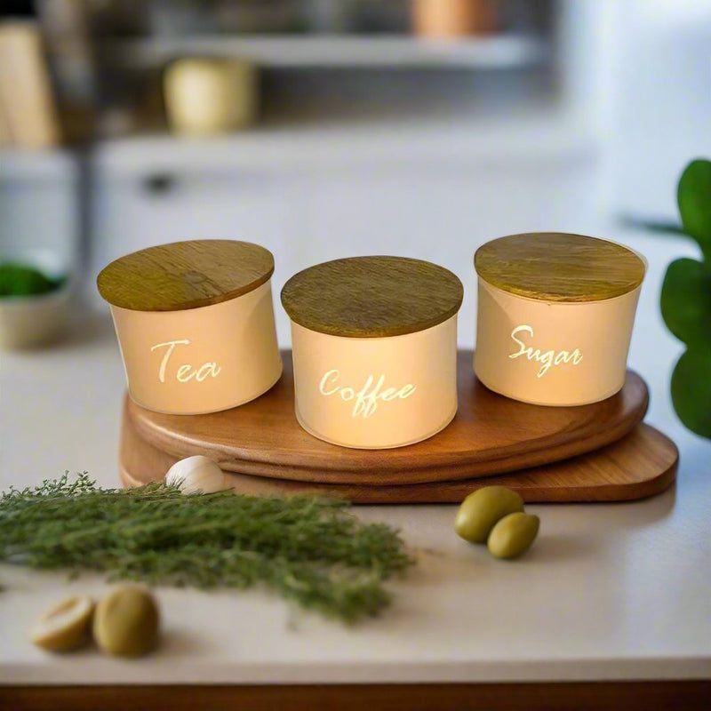 kitchen storage small canisters with mango wood lid-3 Storage Containers For Tea, Sugar & Coffee By MA74