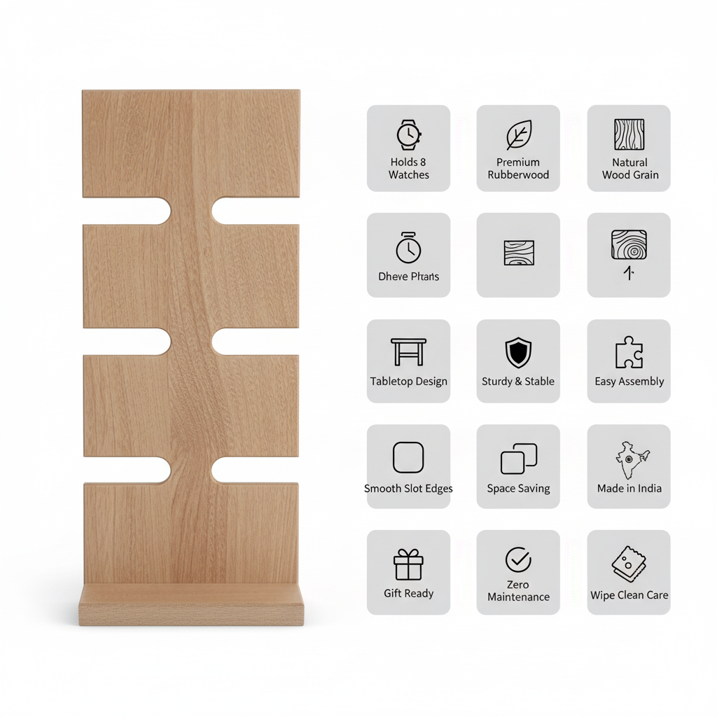 Wooden Watch Stand & Holder For 8 Watches | Premium Rubberwood | Tabletop Organizer | MIZA By PeelOrange
