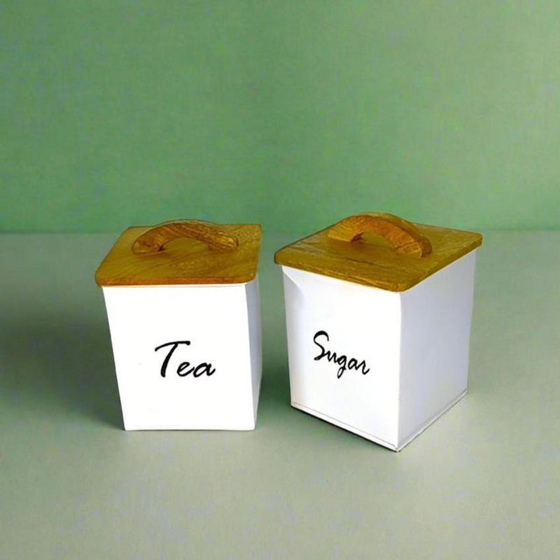 Solid White kitchen Storage Canisters With Mango Wood lid -2 Food Storage Containers For Tea & Sugar By MA73