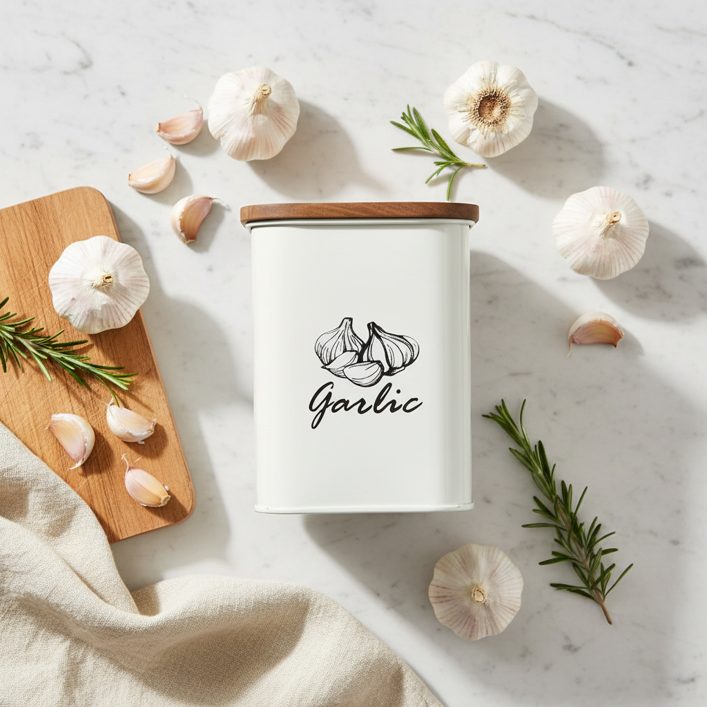 Garlic Storage Canister | Iron Body, Mango Wood Lid & Ventilation Holes | Peach & White By MA78