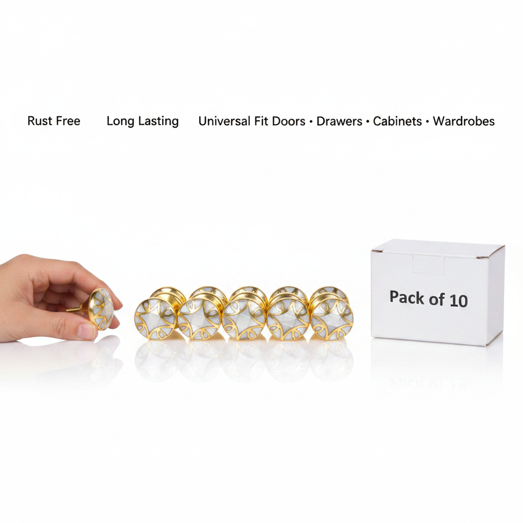 MOP & Brass Round Cabinet Knobs | Rust-Free Hardware for Door, Drawer, Wardrobe & Cupboard | Pack of 10