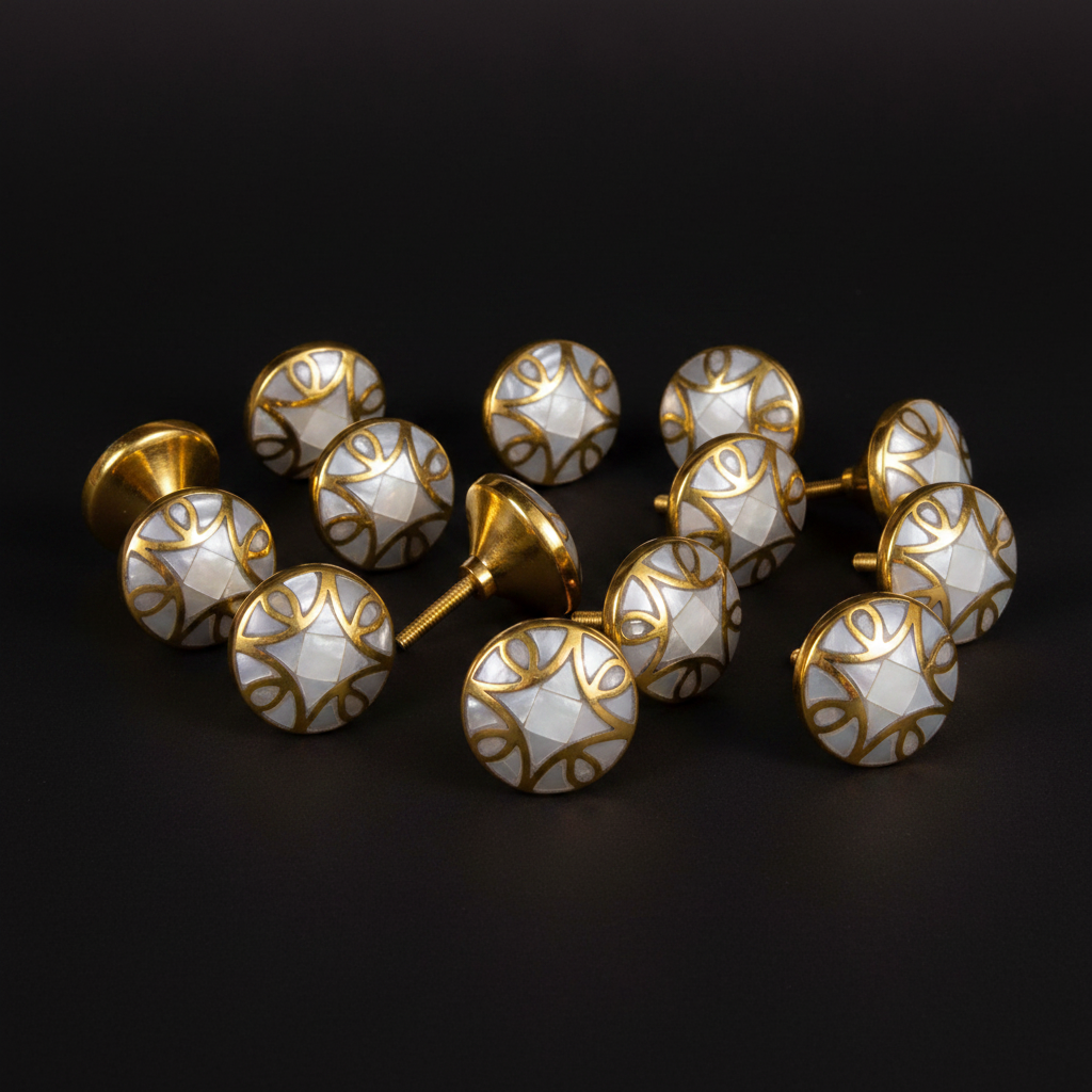 MOP & Brass Round Cabinet Knobs | Rust-Free Hardware for Door, Drawer, Wardrobe & Cupboard | Pack of 10