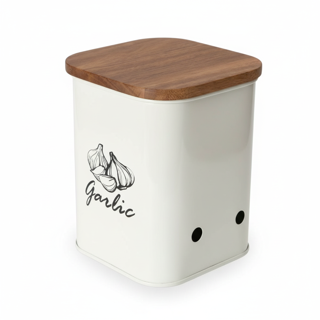 Garlic Storage Canister | Iron Body, Mango Wood Lid & Ventilation Holes | Peach & White By MA78