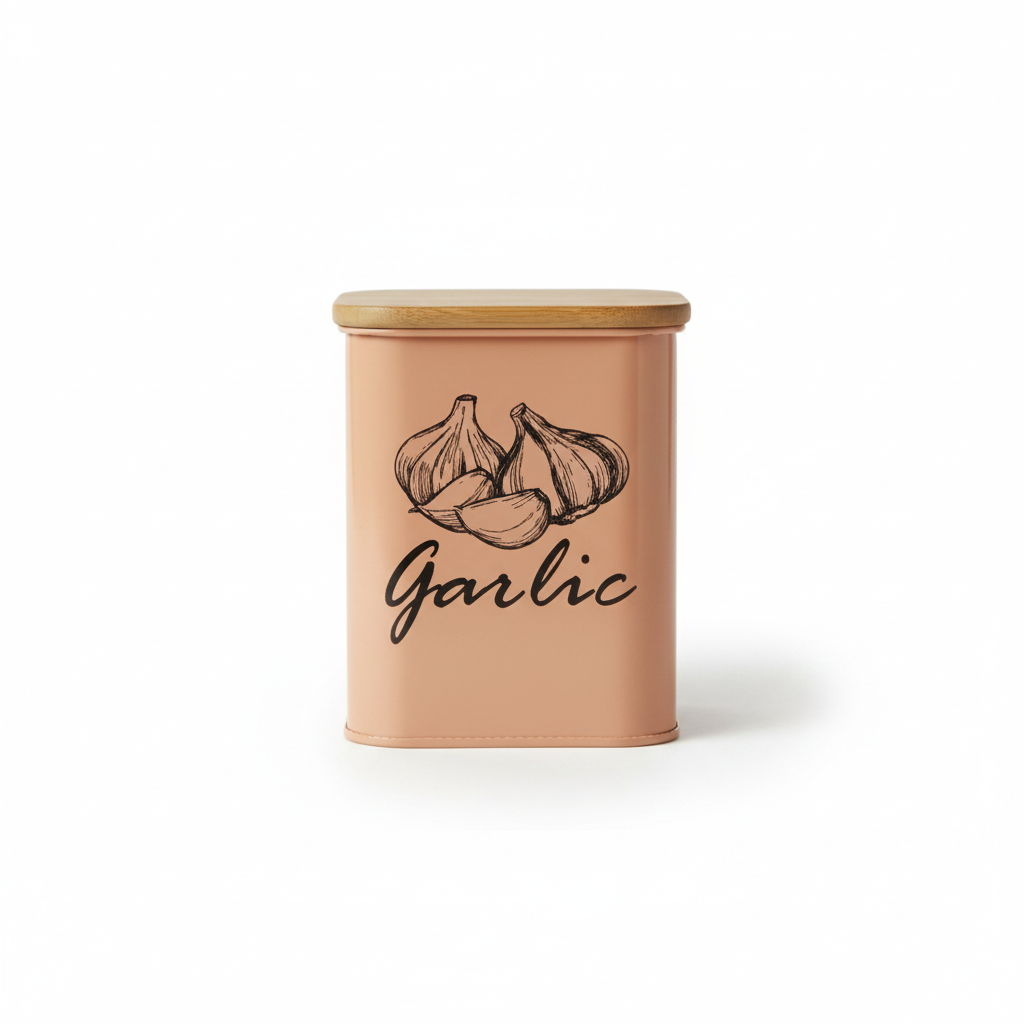 Garlic Storage Canister | Iron Body, Mango Wood Lid & Ventilation Holes | Peach & White By MA78
