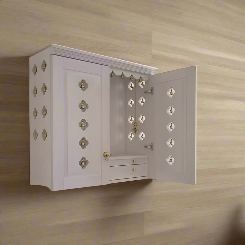 Compact Harmony: Wall-Mounted Puja Shelf With Symbolic Tree Design