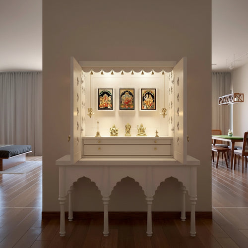 Compact Harmony: Wall-Mounted Puja Shelf With Symbolic Tree Design