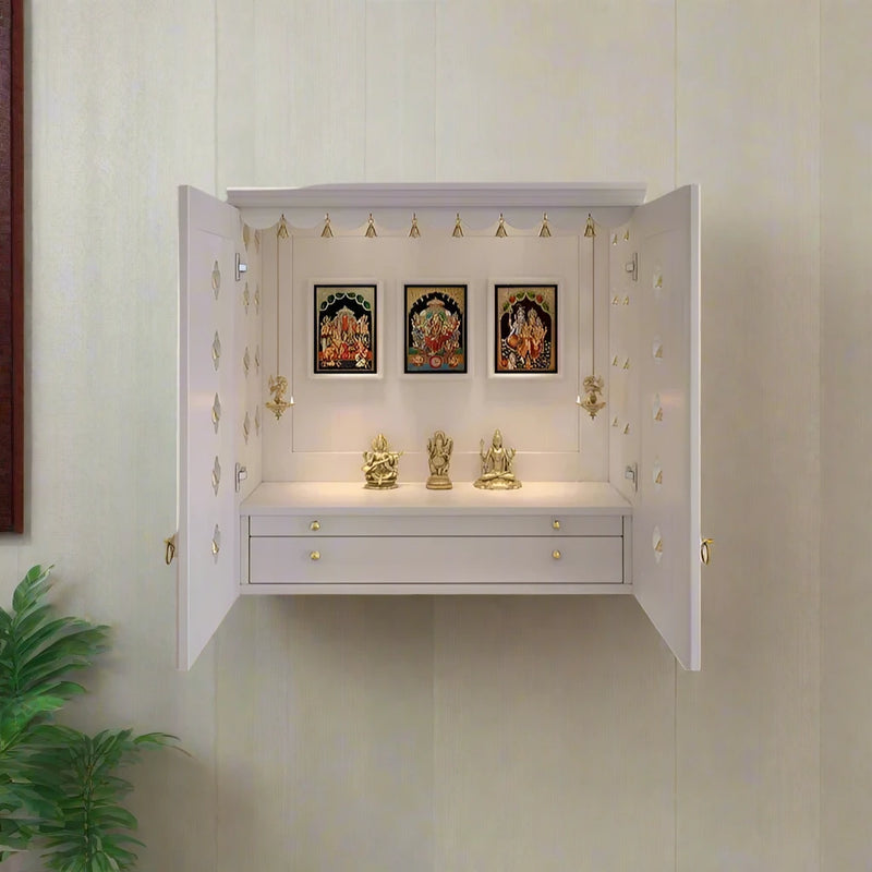 Compact Harmony: Wall-Mounted Puja Shelf With Symbolic Tree Design