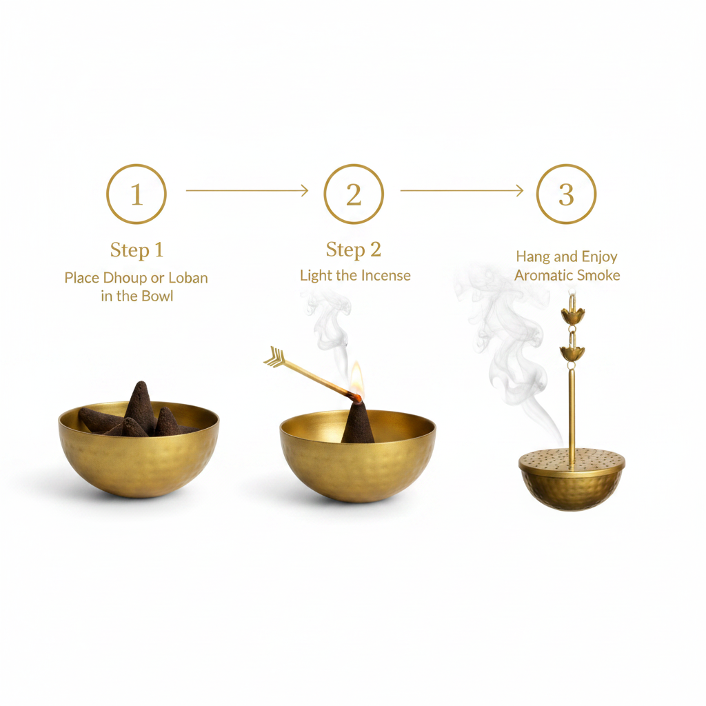 Brass Loban Daan Hanging Lamp for Pooja Room | Bakhoor Incense Burner | Home Purifier