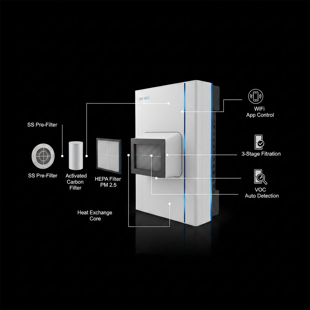 ERV NEO Series Smart Energy Recovery Ventilator (ERV) | HEPA Filter | WiFi Control | Fresh Air Ventilation | By Wadbros