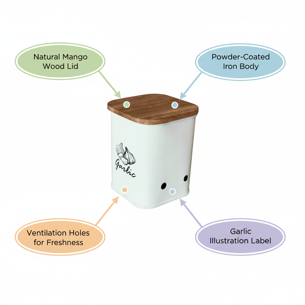 Garlic Storage Canister | Iron Body, Mango Wood Lid & Ventilation Holes | Peach & White By MA78