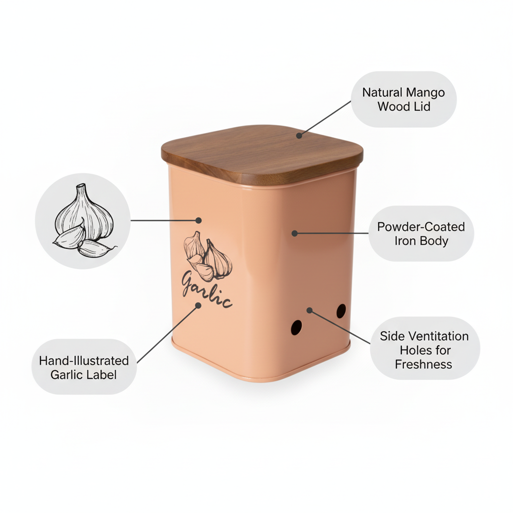 Garlic Storage Canister | Iron Body, Mango Wood Lid & Ventilation Holes | Peach & White By MA78