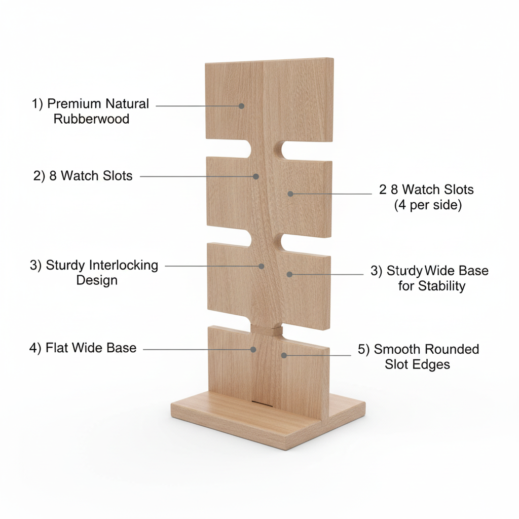 Wooden Watch Stand & Holder For 8 Watches | Premium Rubberwood | Tabletop Organizer | MIZA By PeelOrange