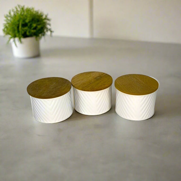 White Waves Kitchen Storage Small Canisters With Mango Wood Lid -3 Storage Containers By MA75