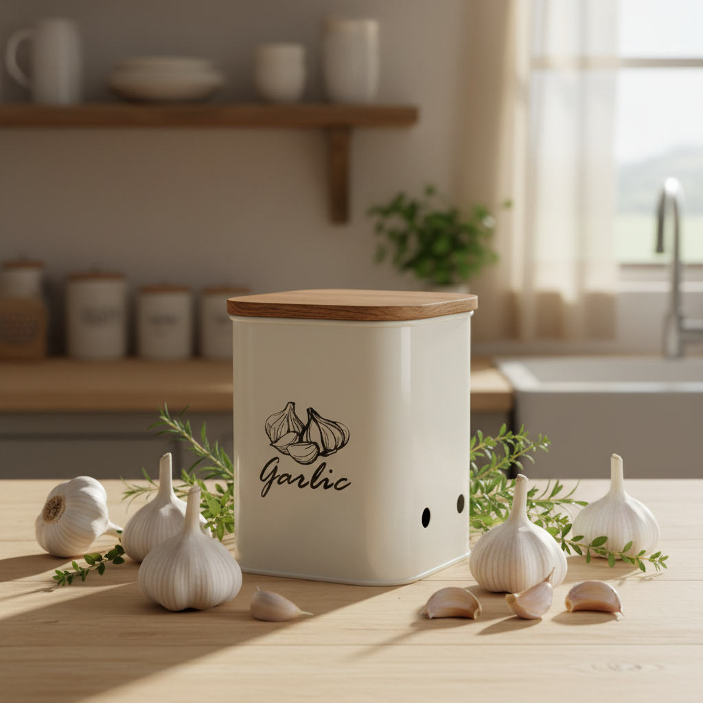 Garlic Storage Canister | Iron Body, Mango Wood Lid & Ventilation Holes | Peach & White By MA78
