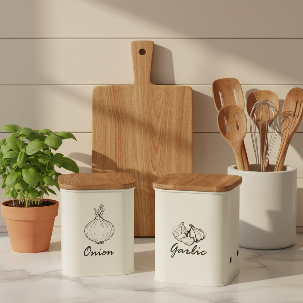Garlic Storage Canister | Iron Body, Mango Wood Lid & Ventilation Holes | Peach & White By MA78