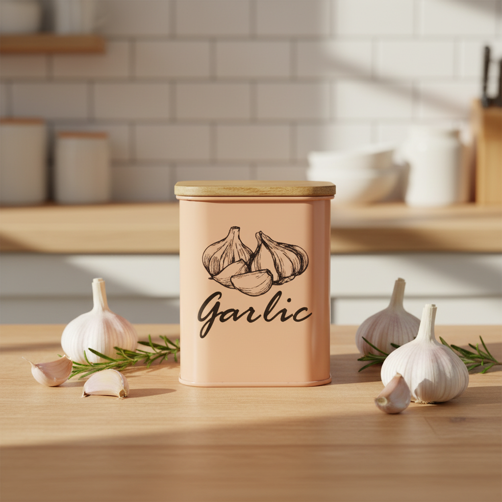 Garlic Storage Canister | Iron Body, Mango Wood Lid & Ventilation Holes | Peach & White By MA78