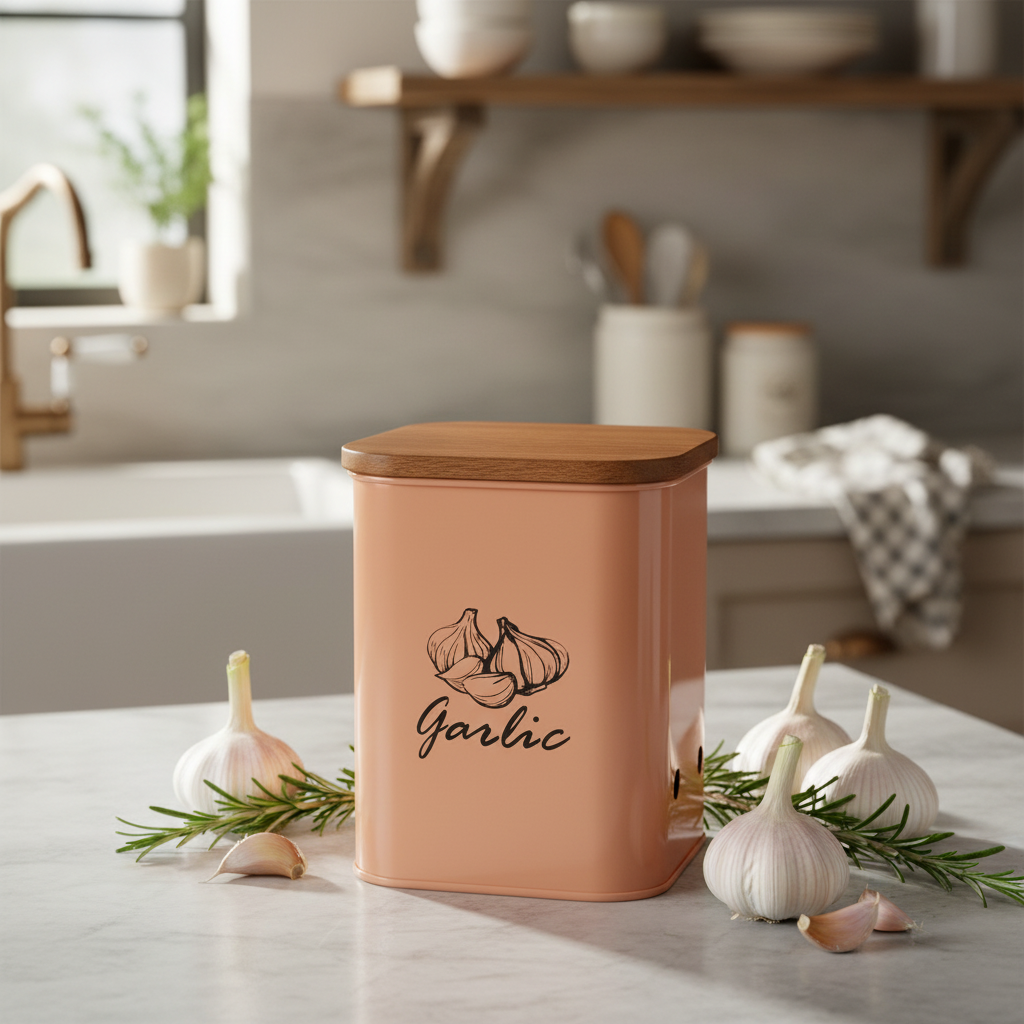Garlic Storage Canister | Iron Body, Mango Wood Lid & Ventilation Holes | Peach & White By MA78