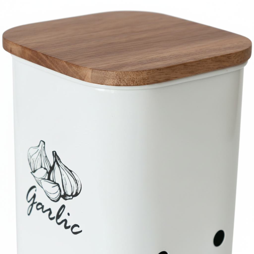 Garlic Storage Canister | Iron Body, Mango Wood Lid & Ventilation Holes | Peach & White By MA78