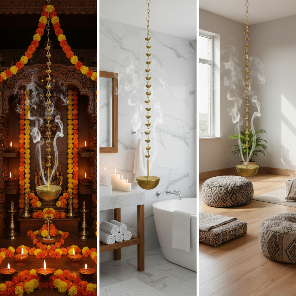 Brass Loban Daan Hanging Lamp for Pooja Room | Bakhoor Incense Burner | Home Purifier