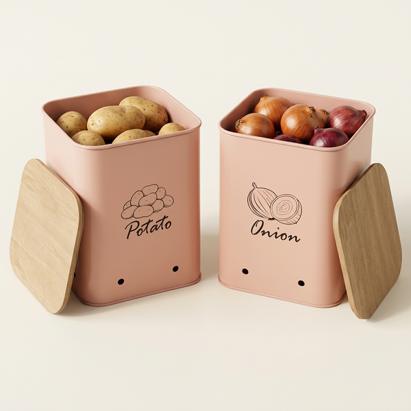 Storage Container For Potato & Onion Pack Of 2 Containers With Wooden Lid/Kitchen Canisters By MA84