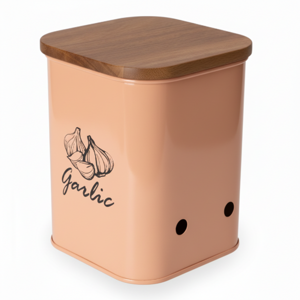 Garlic Storage Canister | Iron Body, Mango Wood Lid & Ventilation Holes | Peach & White By MA78