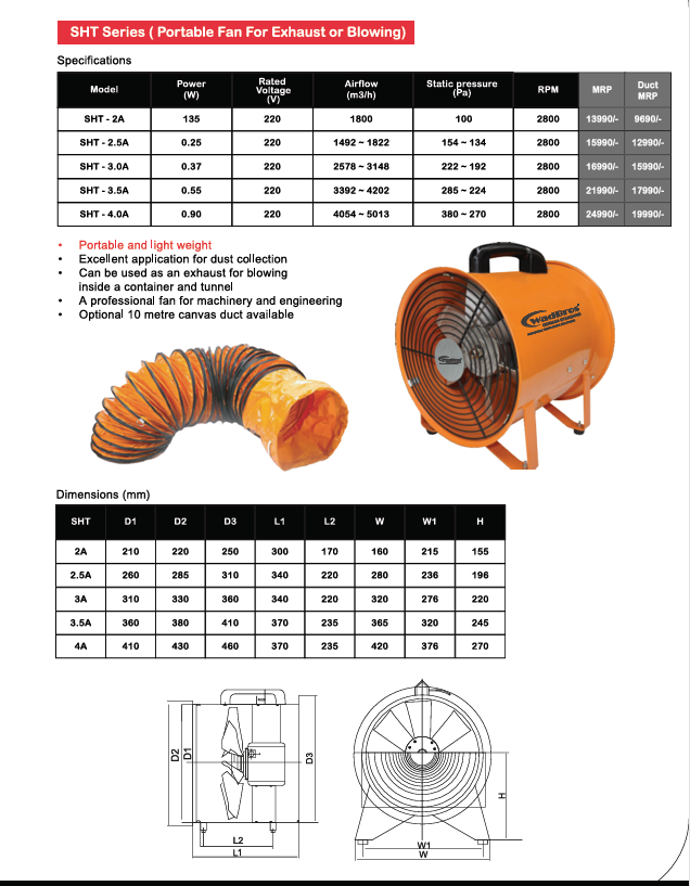 SHT Series Heavy Duty Portable Fan For Exhaust Or Blowing By Wadbros