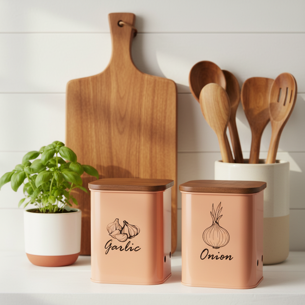 Garlic Storage Canister | Iron Body, Mango Wood Lid & Ventilation Holes | Peach & White By MA78