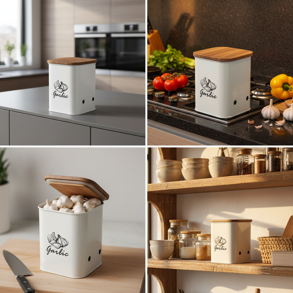 Garlic Storage Canister | Iron Body, Mango Wood Lid & Ventilation Holes | Peach & White By MA78