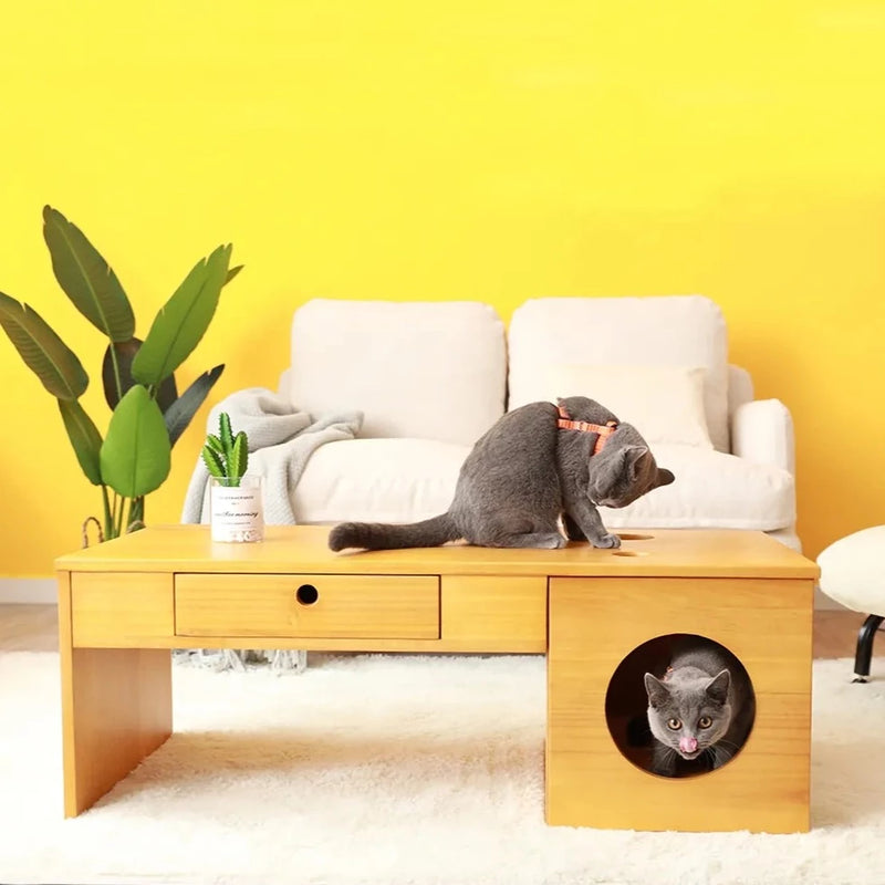 Rectangular Coffee Table With Drawer & Cat Condos House By Miza