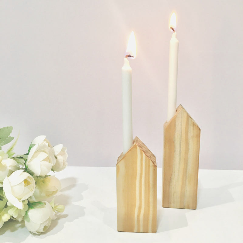 Wooden House Design Candle Holder Set Of 2 By Miza