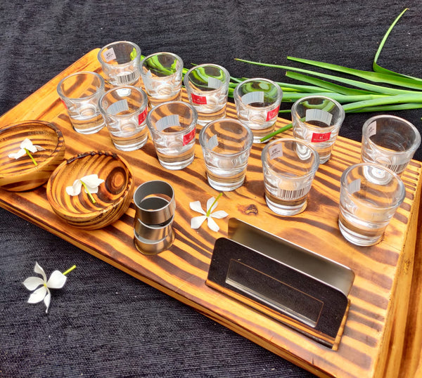 Handcrafted Pine Wood Snacks Set with 12 Shot Glasses MK