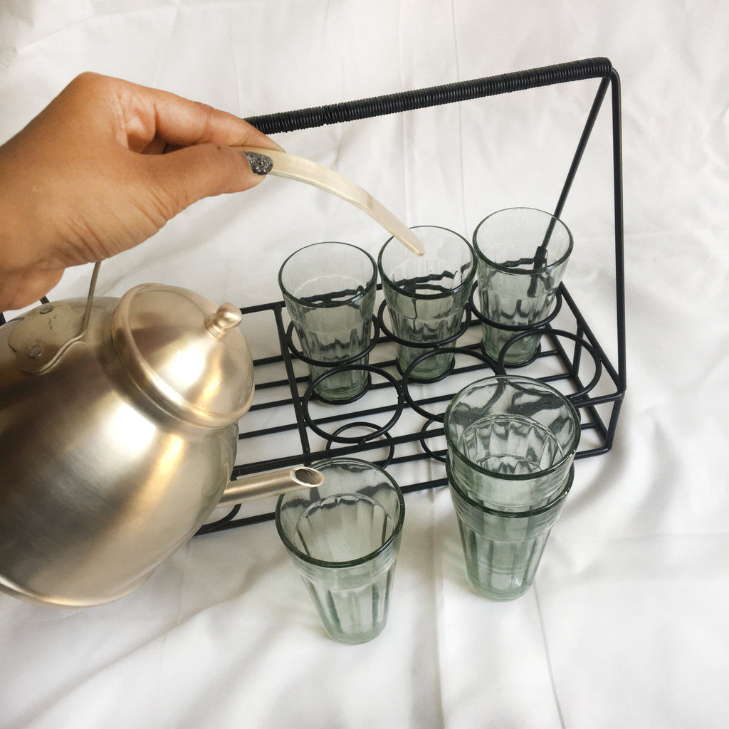 Stainless Steel In Beige Gold Finish Desi Tea Set with Kettle & 6 Glasses By MK