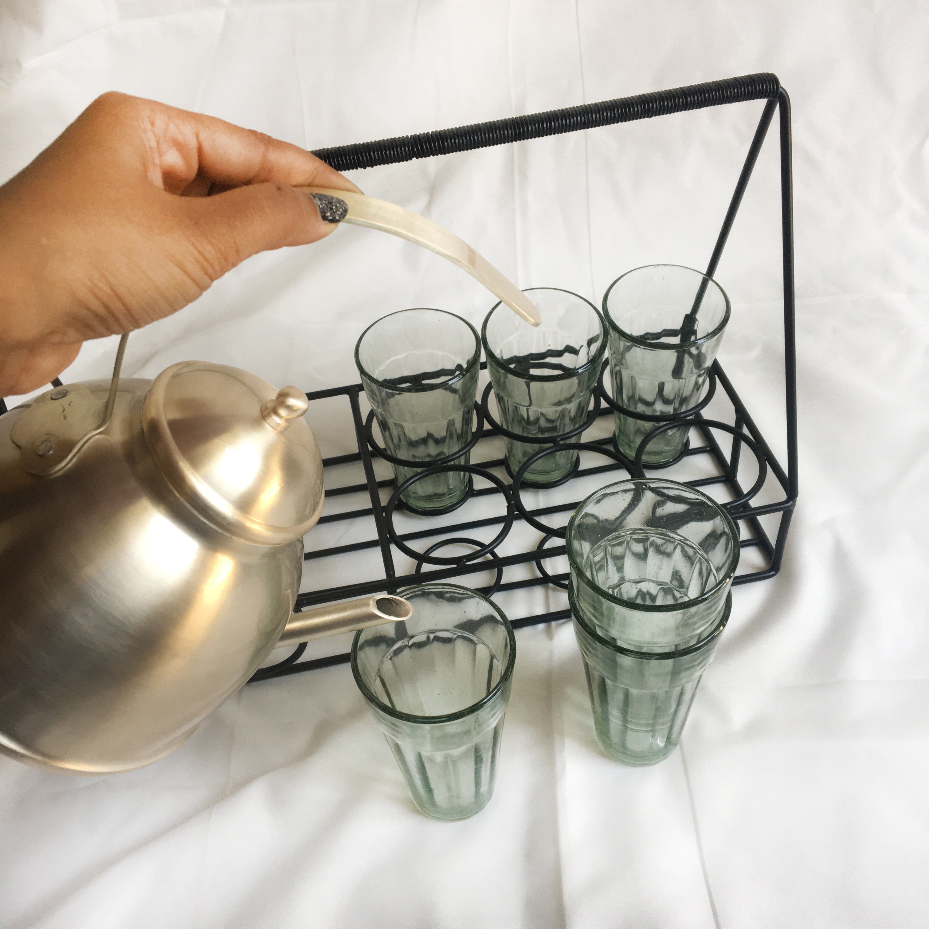 Stainless Steel In Beige Gold Finish Desi Tea Set with Kettle & 6 Glasses By MK