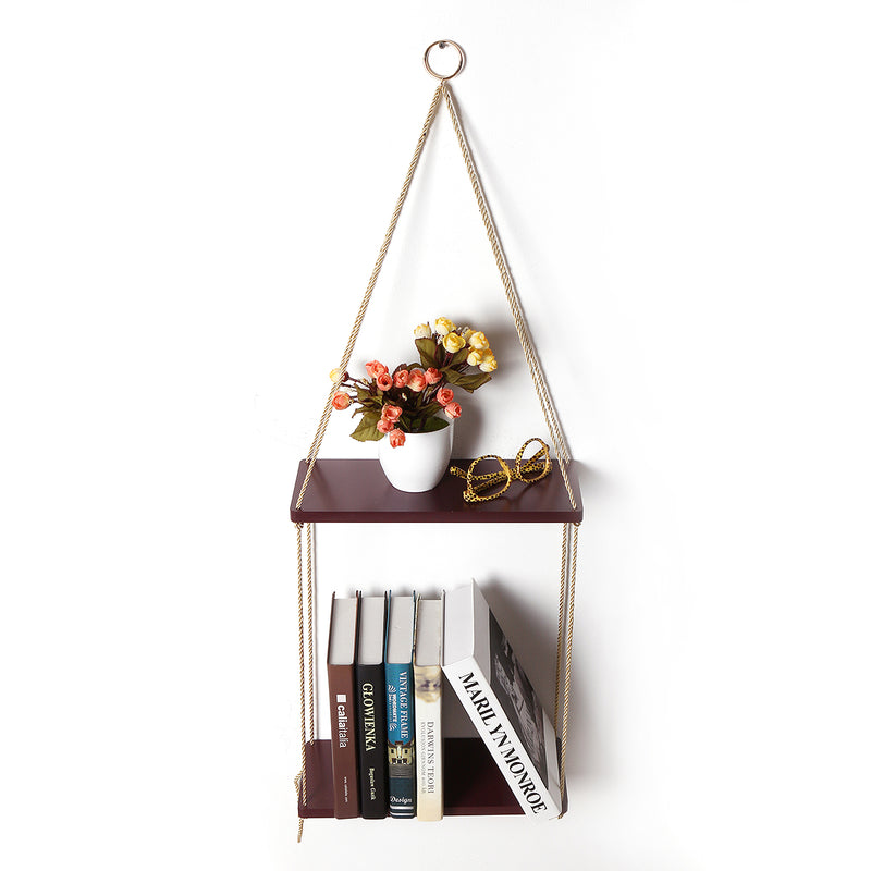 35cm/45cm 2 Layers Solid Wood Rope Hanging Wall Shelf Vintage Floating Storage Rack Wall Mount Bookshelf Home Decorations