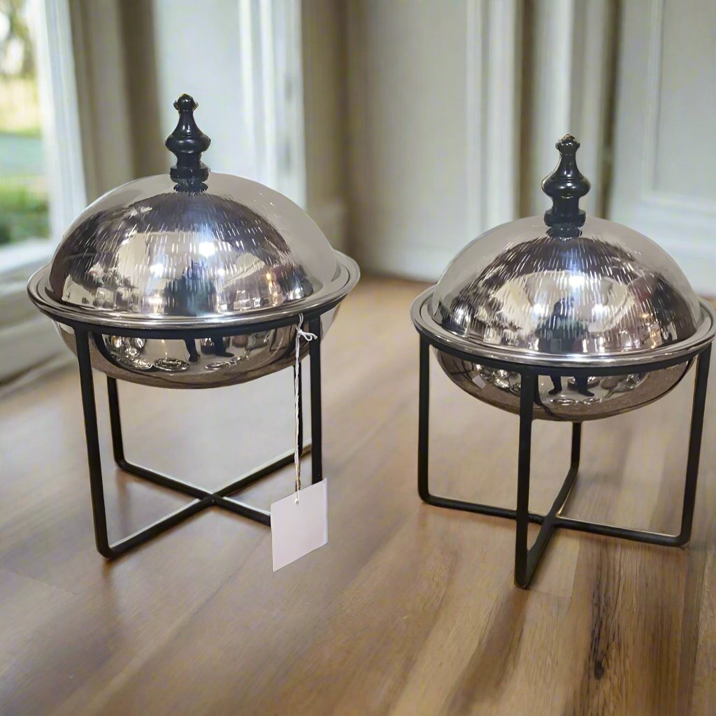 Butter Dish/Fruits & Nut Bowl/Candy Pot With Stand Stainless Steel Lid Set Of Two By INDI