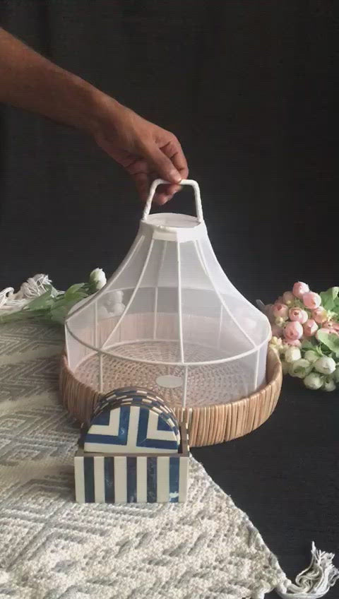 Hand Woven Fruit/Vegetable/Chapati/Breads Serving Dustproof Baskets In Bamboo & Net