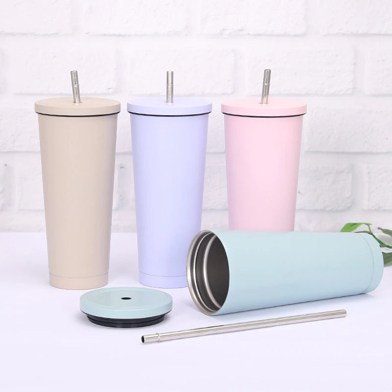 Portable Coffee Cup 304 Stainless Steel Large Capacity Flask Tumbler Glass with Steel Straw Stainless Steel Water Bottle Iced Travel Mug