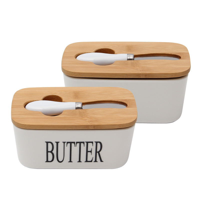 Home Butter Box Butter Container With Knife holder And Wooden Lid Ceramic Box 1 PC By CN