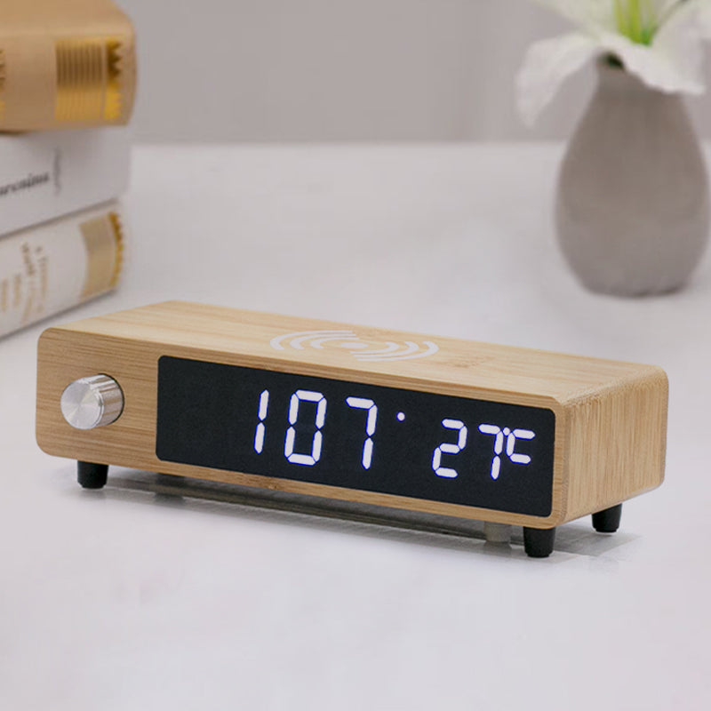 Table alarm clock  LED display bamboo wireless charger, Time, date, temperature By CN