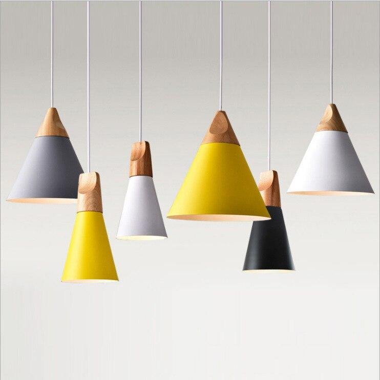 Modern LED Pendant Light Nordic Colorful Triangle Wrought Iron Metal Rope Lamp For Kitchen Living Room Solid Wood Cafe Baryellow