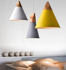 Modern LED Pendant Light Nordic Colorful Triangle Wrought Iron Metal Rope Lamp For Kitchen Living Room Solid Wood Cafe Baryellow